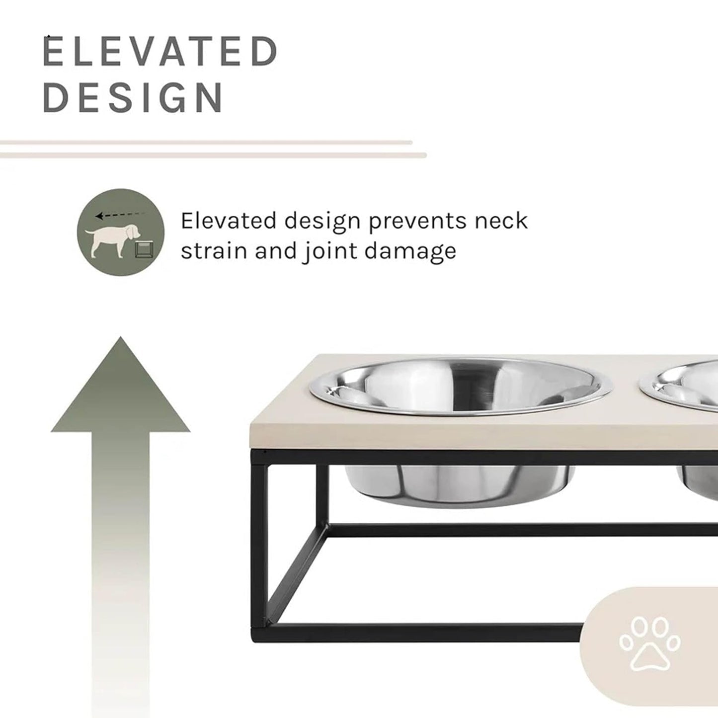 Elevated Dog Bowl Stand with Wooden Top, Metal Frame, 2 Stainless Steel Bowls, Modern Raised Feeder for Small & Medium Dogs