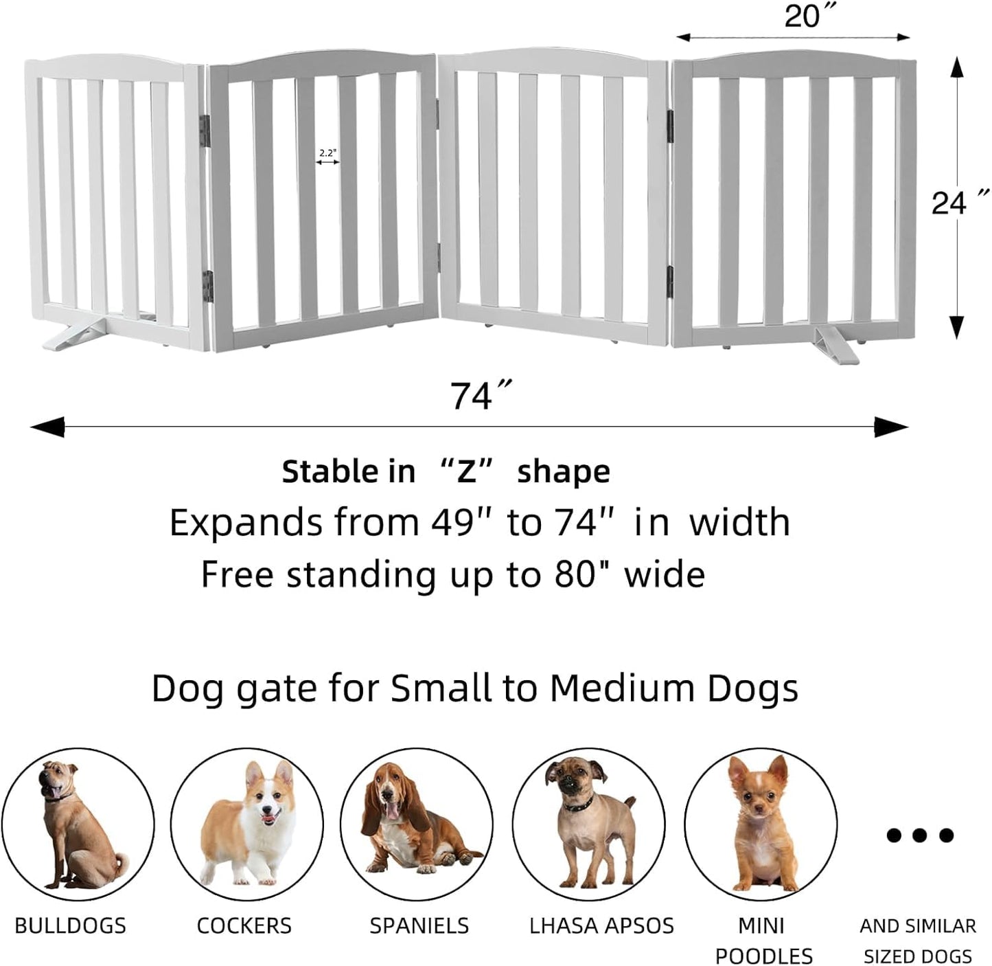 Freestanding Dog Gate | Foldable Wooden Pet Safety Gate for Dogs & Kids | Indoor Barrier with Support Feet for Stairs, Doorways, Hallways & Kitchens - 24" (White, 4 Panel)