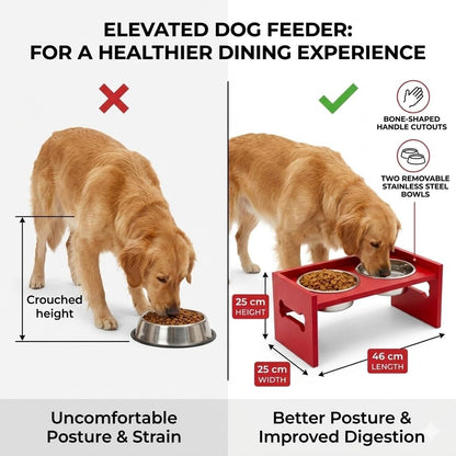 Elevated Wooden Dog Feeder with Stainless Steel Bowls | Raised Pet Food Stand for Dogs & Cats Feeding Station with Bone Cutout Design | Double Bowl Pet Feeding Table (Red)
