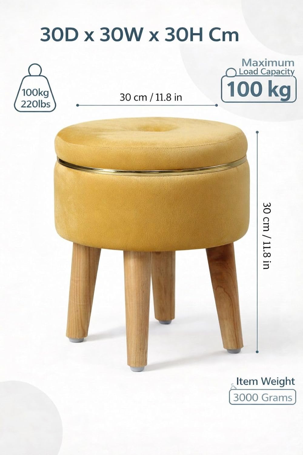 Ottoman Stool for Living Room Foot Rest | Velvet Small Ottoman Foot Stool | Solid Wood Legs | Footstool Puffy for Home, Bedroom & Makeup Table | 30 x 30 cm (12 x 12 Inch) | Yellow