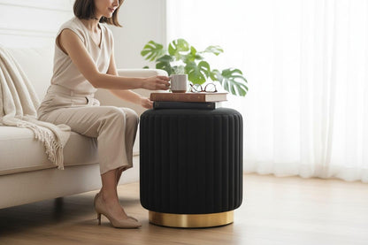 Designer Velvet Round Footstool Ottoman with Sturdy Gold Metal Band Base for Home Décor & Extra Seating, Lightweight Pouf Stool for Sofa Side & Bedroom, 16x16x17 Inch (Black)