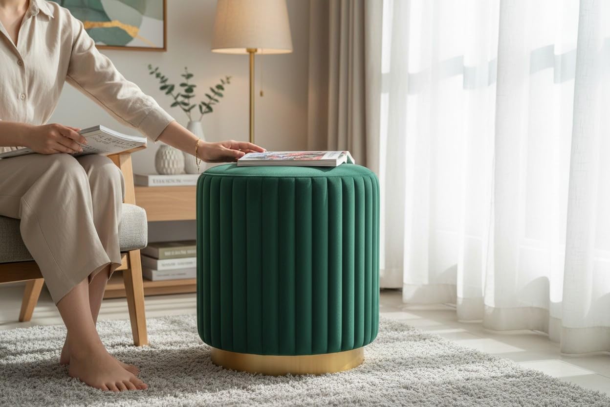Designer Velvet Round Footstool Ottoman with Sturdy Gold Metal Band Base for Home Décor & Extra Seating, Lightweight Pouf Stool for Sofa Side & Bedroom, 16x16x17 Inch (Seagreen)