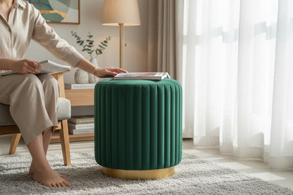 Designer Velvet Round Footstool Ottoman with Sturdy Gold Metal Band Base for Home Décor & Extra Seating, Lightweight Pouf Stool for Sofa Side & Bedroom, 16x16x17 Inch (Seagreen)