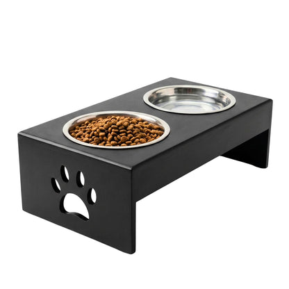 Pet Feeder Stainless Steel Food & Water Bowls with Stand | MDF Wood Elevated Dog Feeding Station with Double Bowl Design | Raised Feeding Stand for Medium & Large Dogs | 40 x 25 x 25 cm (Black)