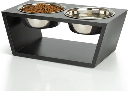 Elevated Dog Bowl Stand with Stainless Steel Bowls, 17.8 cm Height, Double Bowl Feeder, Black (Black)