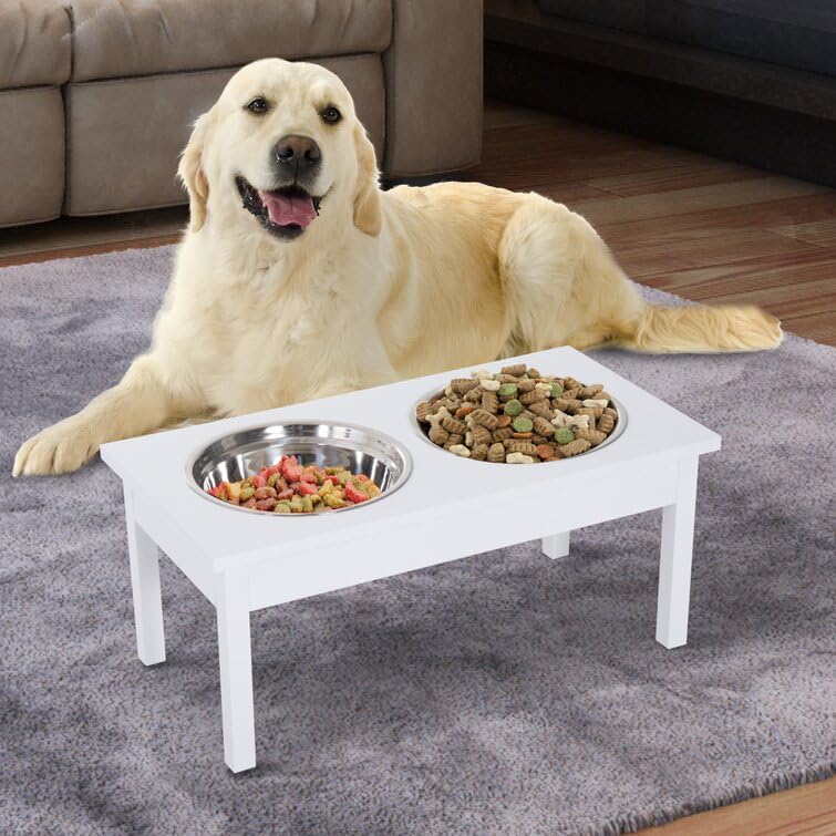 Elevated Pet Feeder Dog Food Water Bowls|Dog Bowl Stand|Double-Sided Stainless Steel Kitchen Dining Table With 2 Bowl (White),?48 cm,H_25 cm,W_30 cm