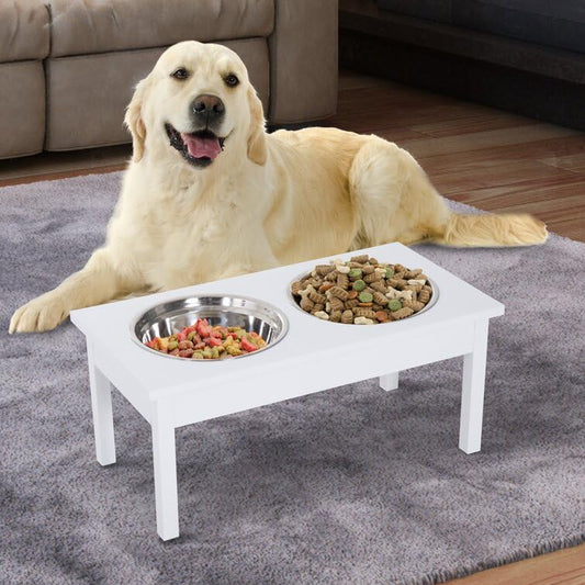 Elevated Pet Feeder Dog Food Water Bowls|Dog Bowl Stand|Double-Sided Stainless Steel Kitchen Dining Table With 2 Bowl (White),?48 cm,H_25 cm,W_30 cm