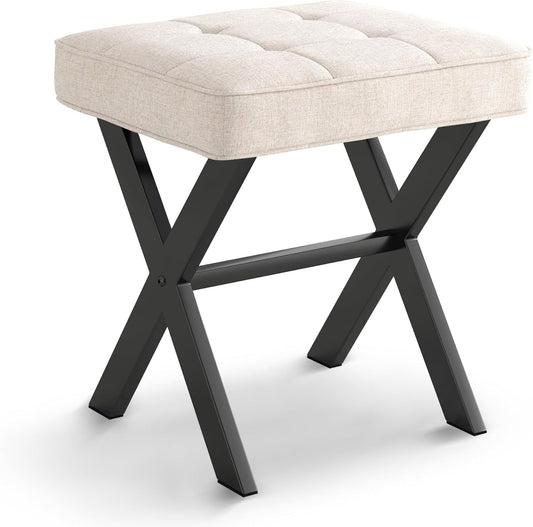 Upholstered Ottoman Stool with Tufted Seat, Black X-Shaped Legs, 50 cm x 50 cm x 35 cm (White)
