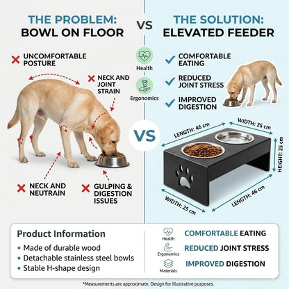 Pet Feeder Stainless Steel Food & Water Bowls with Stand | MDF Wood Elevated Dog Feeding Station with Double Bowl Design | Raised Feeding Stand for Medium & Large Dogs | 40 x 25 x 25 cm (Black)