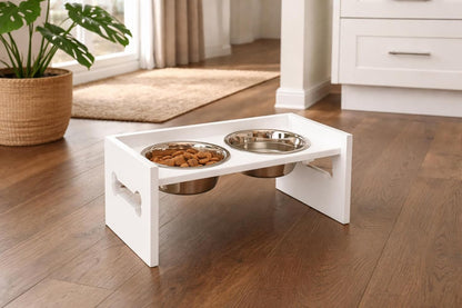 Elevated Wooden Dog Feeder with Stainless Steel Bowls | Raised Pet Food Stand for Dogs & Cats Feeding Station with Bone Cutout Design | Double Bowl Pet Feeding Table (White)