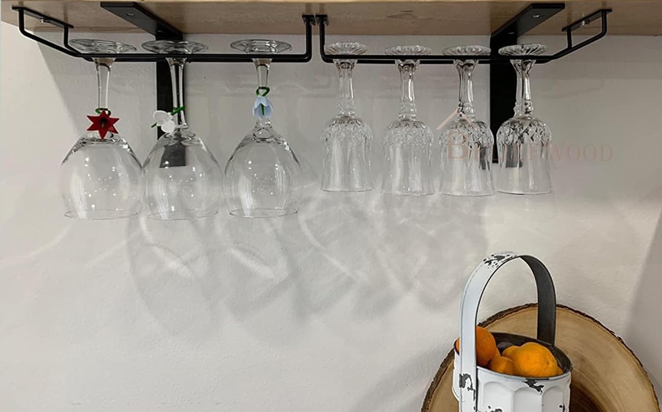Modern Wine Glass Rack Under Cabinet Black, Metal Wine Glass Holder, Stemware Rack Under Shelf, Wine Glasses Storage Hanger, 35.5cm (Set of 2) (2)