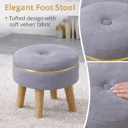 Ottoman Stool for Living Room Foot Rest | Velvet Small Ottoman Foot Stool | Solid Wood Legs | Footstool Puffy for Home, Bedroom & Makeup Table | 30 x 30 cm (12 x 12 Inch) | Grey