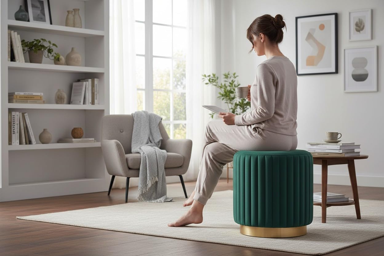 Designer Velvet Round Footstool Ottoman with Sturdy Gold Metal Band Base for Home Décor & Extra Seating, Lightweight Pouf Stool for Sofa Side & Bedroom, 16x16x17 Inch (Seagreen)