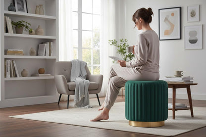 Designer Velvet Round Footstool Ottoman with Sturdy Gold Metal Band Base for Home Décor & Extra Seating, Lightweight Pouf Stool for Sofa Side & Bedroom, 16x16x17 Inch (Seagreen)