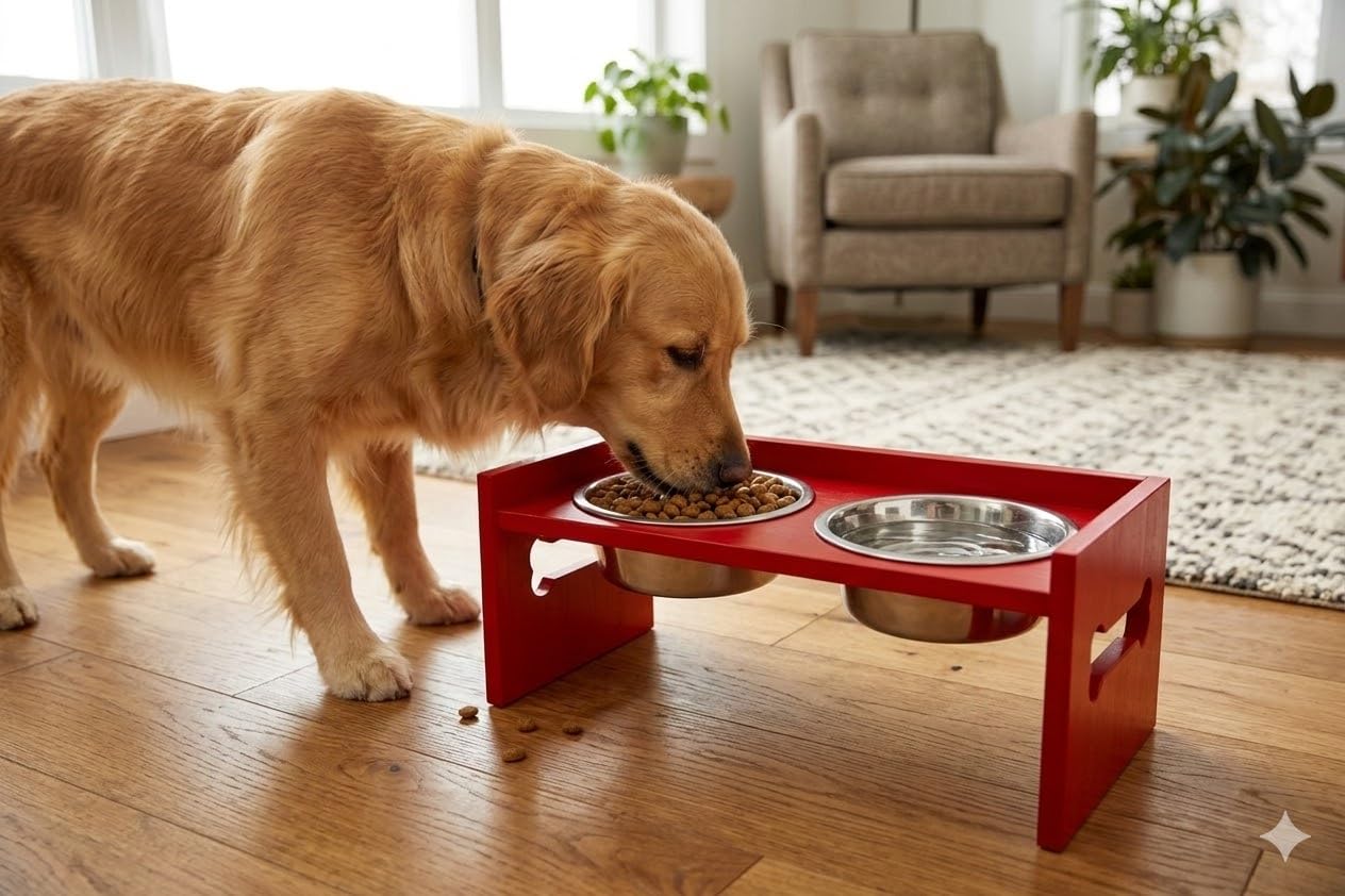 Elevated Wooden Dog Feeder with Stainless Steel Bowls | Raised Pet Food Stand for Dogs & Cats Feeding Station with Bone Cutout Design | Double Bowl Pet Feeding Table (Red)