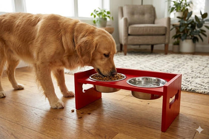 Elevated Wooden Dog Feeder with Stainless Steel Bowls | Raised Pet Food Stand for Dogs & Cats Feeding Station with Bone Cutout Design | Double Bowl Pet Feeding Table (Red)