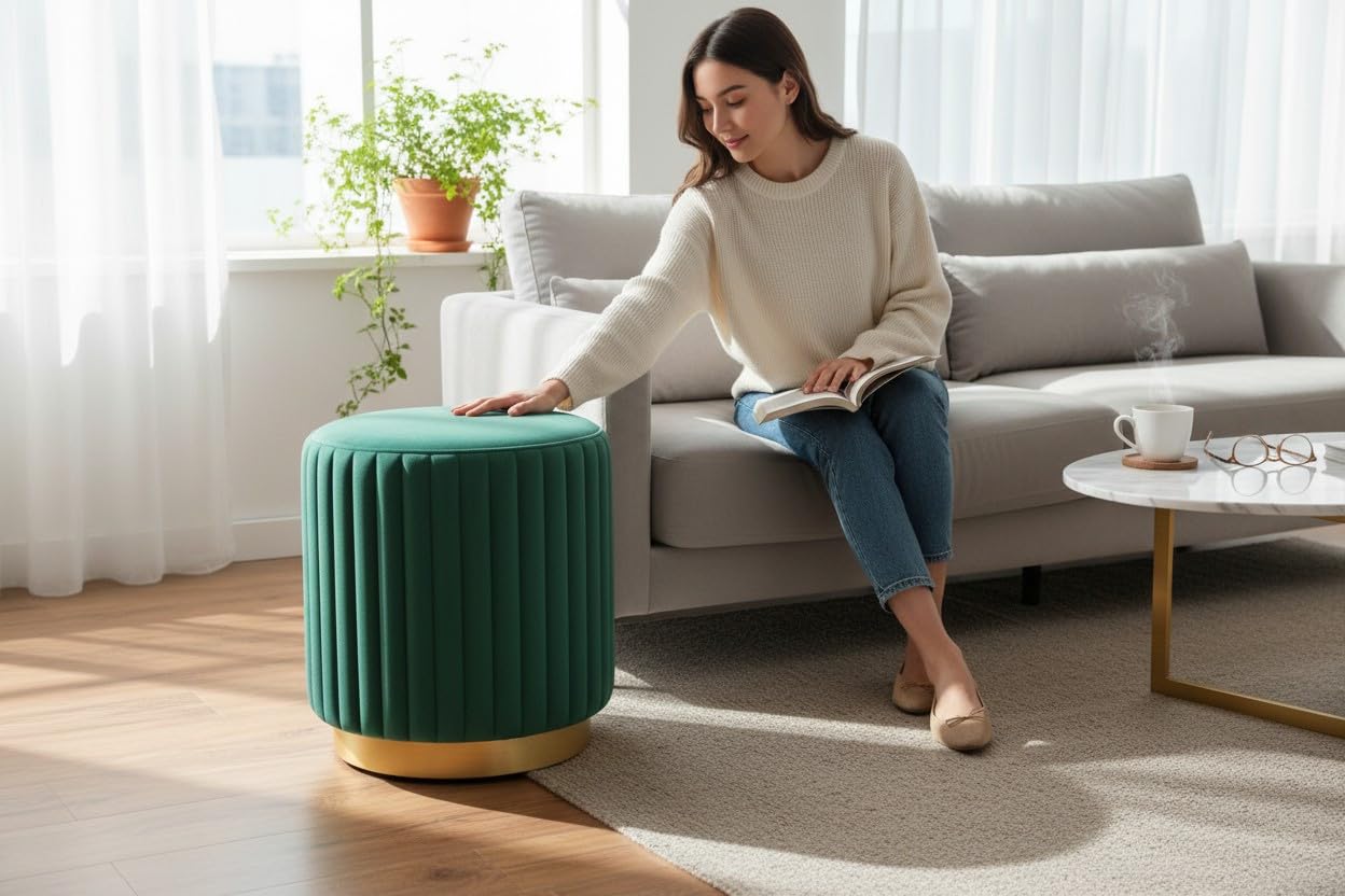 Designer Velvet Round Footstool Ottoman with Sturdy Gold Metal Band Base for Home Décor & Extra Seating, Lightweight Pouf Stool for Sofa Side & Bedroom, 16x16x17 Inch (Seagreen)