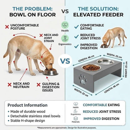 Pet Feeder Stainless Steel Food & Water Bowls with Stand | MDF Wood Elevated Dog Feeding Station with Double Bowl Design | Raised Feeding Stand for Medium & Large Dogs | 40 x 25 x 25 cm (Grey)