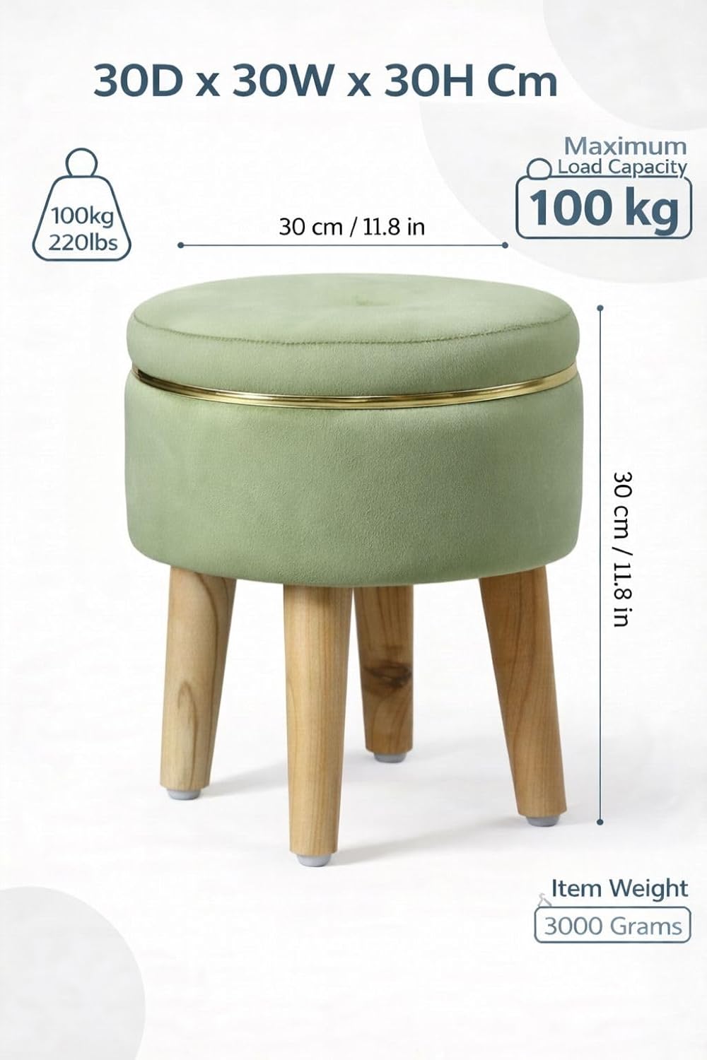 Ottoman Stool for Living Room Foot Rest | Velvet Small Ottoman Foot Stool | Solid Wood Legs | Footstool Puffy for Home, Bedroom & Makeup Table | 30 x 30 cm (12 x 12 Inch) | Light Green