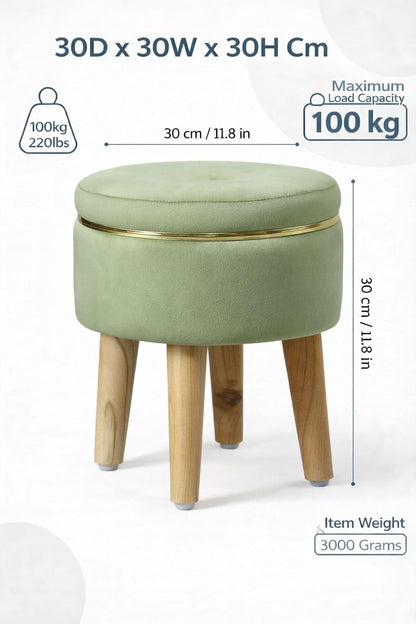 Ottoman Stool for Living Room Foot Rest | Velvet Small Ottoman Foot Stool | Solid Wood Legs | Footstool Puffy for Home, Bedroom & Makeup Table | 30 x 30 cm (12 x 12 Inch) | Light Green