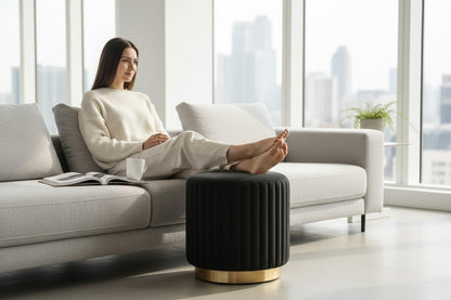 Designer Velvet Round Footstool Ottoman with Sturdy Gold Metal Band Base for Home Décor & Extra Seating, Lightweight Pouf Stool for Sofa Side & Bedroom, 16x16x17 Inch (Black)