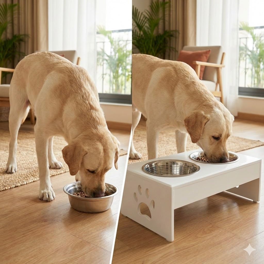 Pet Feeder Stainless Steel Food & Water Bowls with Stand | MDF Wood Elevated Dog Feeding Station with Double Bowl Design | Raised Feeding Stand for Medium & Large Dogs | White Finish | 40 x 25 x 25 cm