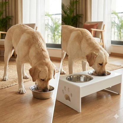 Pet Feeder Stainless Steel Food & Water Bowls with Stand | MDF Wood Elevated Dog Feeding Station with Double Bowl Design | Raised Feeding Stand for Medium & Large Dogs | White Finish | 40 x 25 x 25 cm