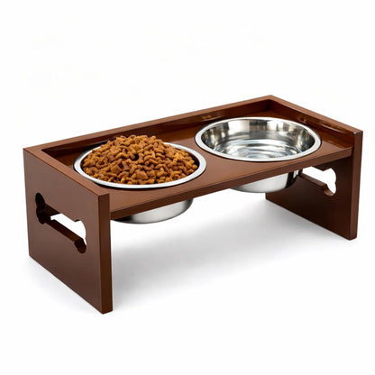Elevated Wooden Dog Feeder with Stainless Steel Bowls | Raised Pet Food Stand for Dogs & Cats Feeding Station with Bone Cutout Design | Double Bowl Pet Feeding Table (Brown)