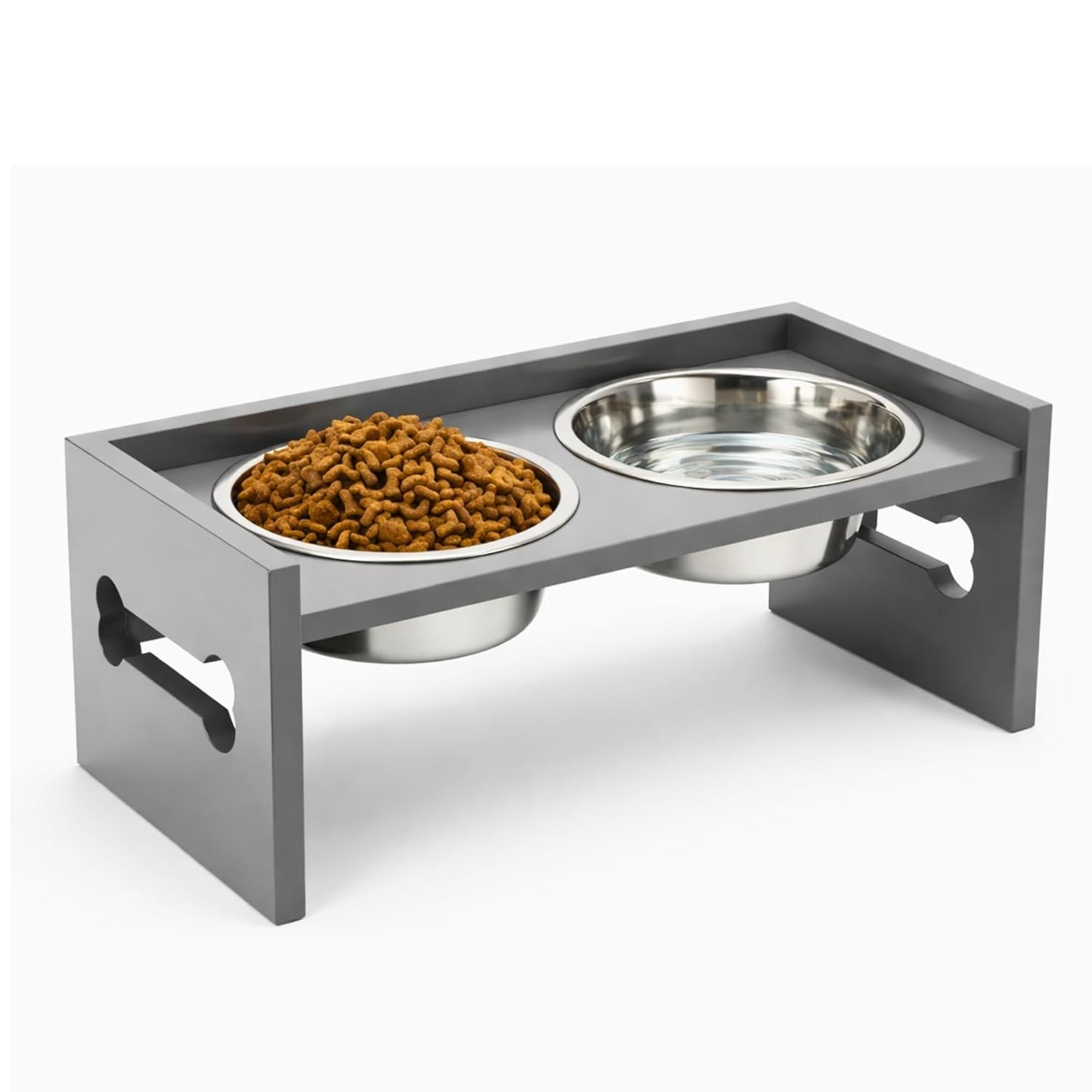 Elevated Wooden Dog Feeder with Stainless Steel Bowls | Raised Pet Food Stand for Dogs & Cats Feeding Station with Bone Cutout Design | Double Bowl Pet Feeding Table (Grey)