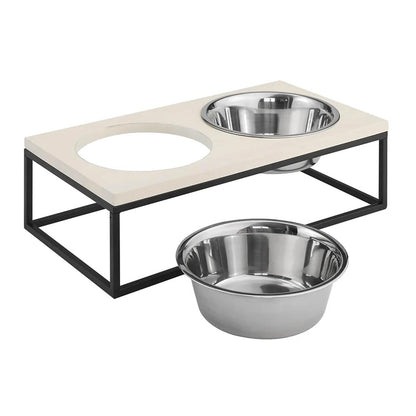 Elevated Dog Bowl Stand with Wooden Top, Metal Frame, 2 Stainless Steel Bowls, Modern Raised Feeder for Small & Medium Dogs