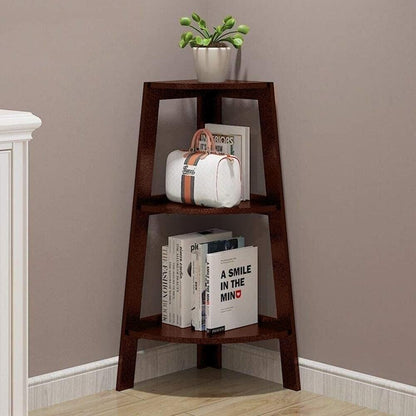 Modern Engineered Wood Corner Ladder Shelf: Compact 3-Tier Bookcase and Storage Organizer for Living Room and Home Office (Brown)