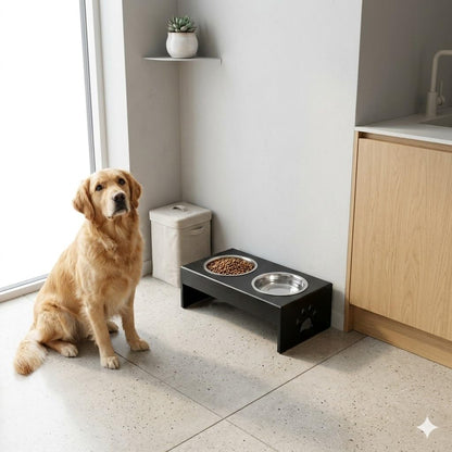 Pet Feeder Stainless Steel Food & Water Bowls with Stand | MDF Wood Elevated Dog Feeding Station with Double Bowl Design | Raised Feeding Stand for Medium & Large Dogs | 40 x 25 x 25 cm (Black)