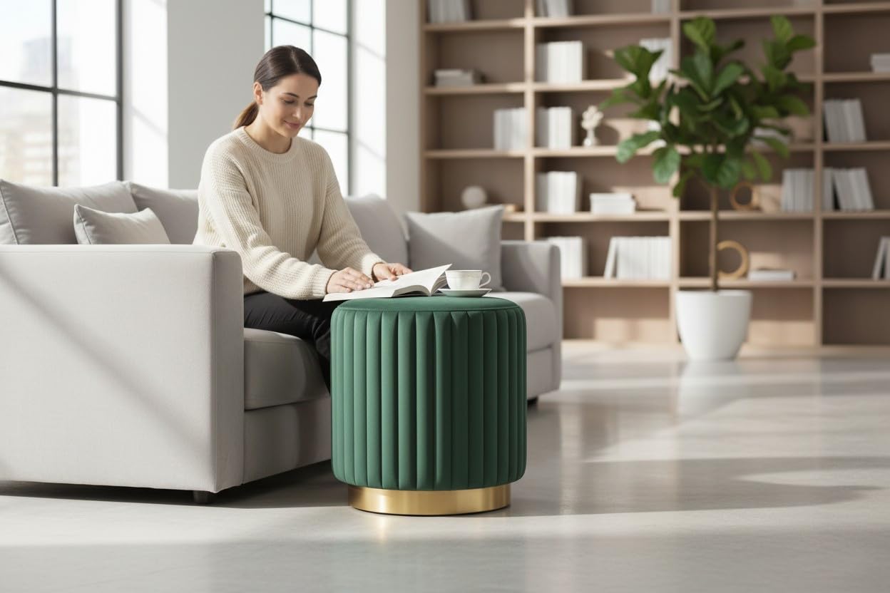 Designer Velvet Round Footstool Ottoman with Sturdy Gold Metal Band Base for Home Décor & Extra Seating, Lightweight Pouf Stool for Sofa Side & Bedroom, 16x16x17 Inch (Green)