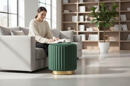 Designer Velvet Round Footstool Ottoman with Sturdy Gold Metal Band Base for Home Décor & Extra Seating, Lightweight Pouf Stool for Sofa Side & Bedroom, 16x16x17 Inch (Green)
