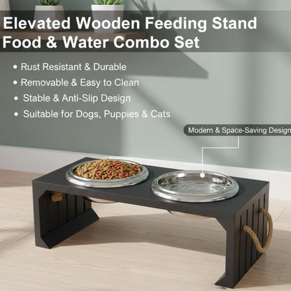 Pet Diner Stainless Steel Pet Bowl Combo with Elevated Wooden Base | Double Feeding Bowl Combo for Providing Food and Water to Beloved Dog, Puppies & Cats (Elevated Wooden Diner of 950ml)