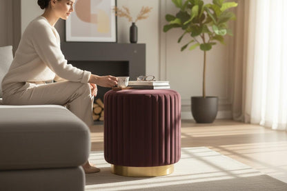 Designer Velvet Round Footstool Ottoman with Sturdy Gold Metal Band Base for Home Décor & Extra Seating, Lightweight Pouf Stool for Sofa Side & Bedroom, 16x16x17 Inch (Coffee)