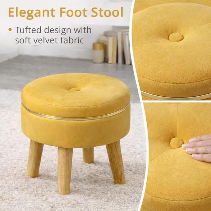 Ottoman Stool for Living Room Foot Rest | Velvet Small Ottoman Foot Stool | Solid Wood Legs | Footstool Puffy for Home, Bedroom & Makeup Table | 30 x 30 cm (12 x 12 Inch) | Yellow