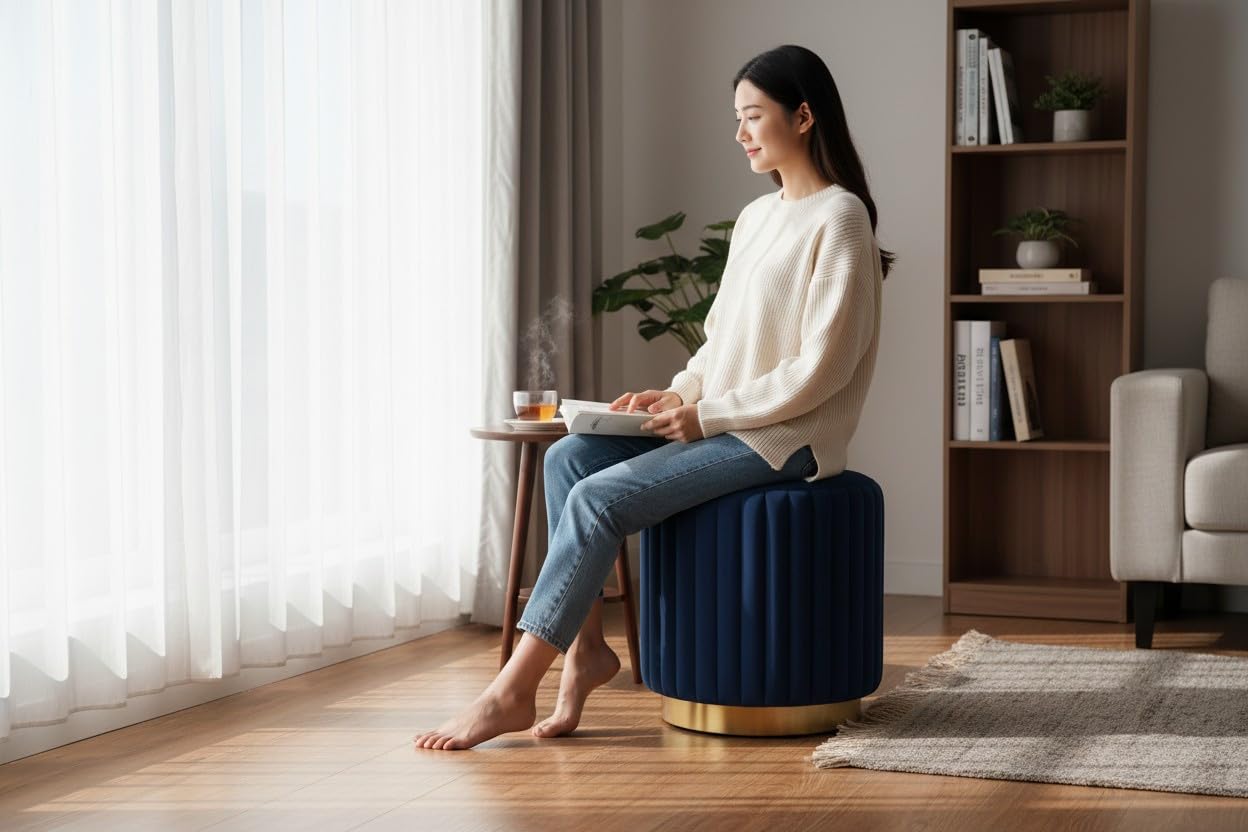 Designer Velvet Round Footstool Ottoman with Sturdy Gold Metal Band Base for Home Décor & Extra Seating, Lightweight Pouf Stool for Sofa Side & Bedroom, 16x16x17 Inch (Royal Blue)