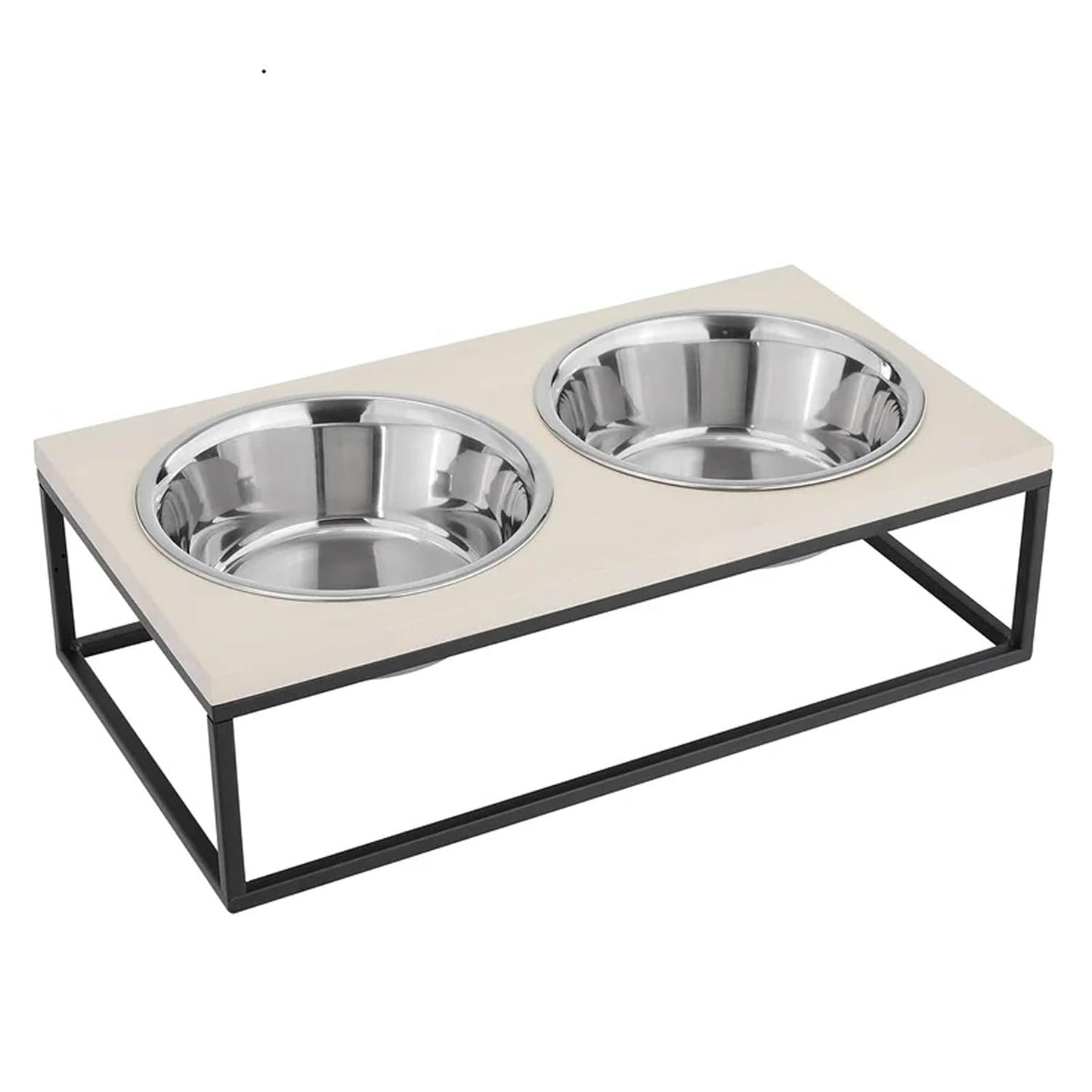 Elevated Dog Bowl Stand with Wooden Top, Metal Frame, 2 Stainless Steel Bowls, Modern Raised Feeder for Small & Medium Dogs