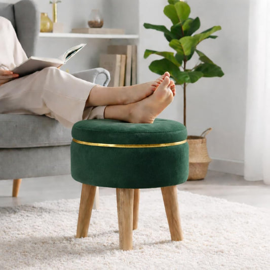 Ottoman Stool for Living Room Foot Rest | Velvet Small Ottoman Foot Stool | Solid Wood Legs | Footstool Puffy for Home, Bedroom & Makeup Table | 30 x 30 cm (12 x 12 Inch) | Green