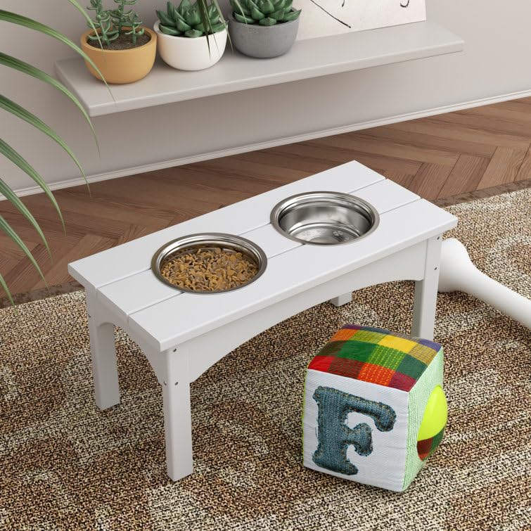 Double Elevated Feeder Wooden Large Dog Food Dinner pet Stand Cat Feeder Stand with 2 Stainless Steel Small Bowls & Wooden Stand Made by Handmade (White)