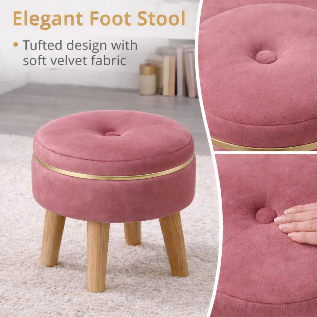 Ottoman Stool for Living Room Foot Rest | Velvet Small Ottoman Foot Stool | Solid Wood Legs | Footstool Puffy for Home, Bedroom & Makeup Table | 30 x 30 cm (12 x 12 Inch) | Gajri