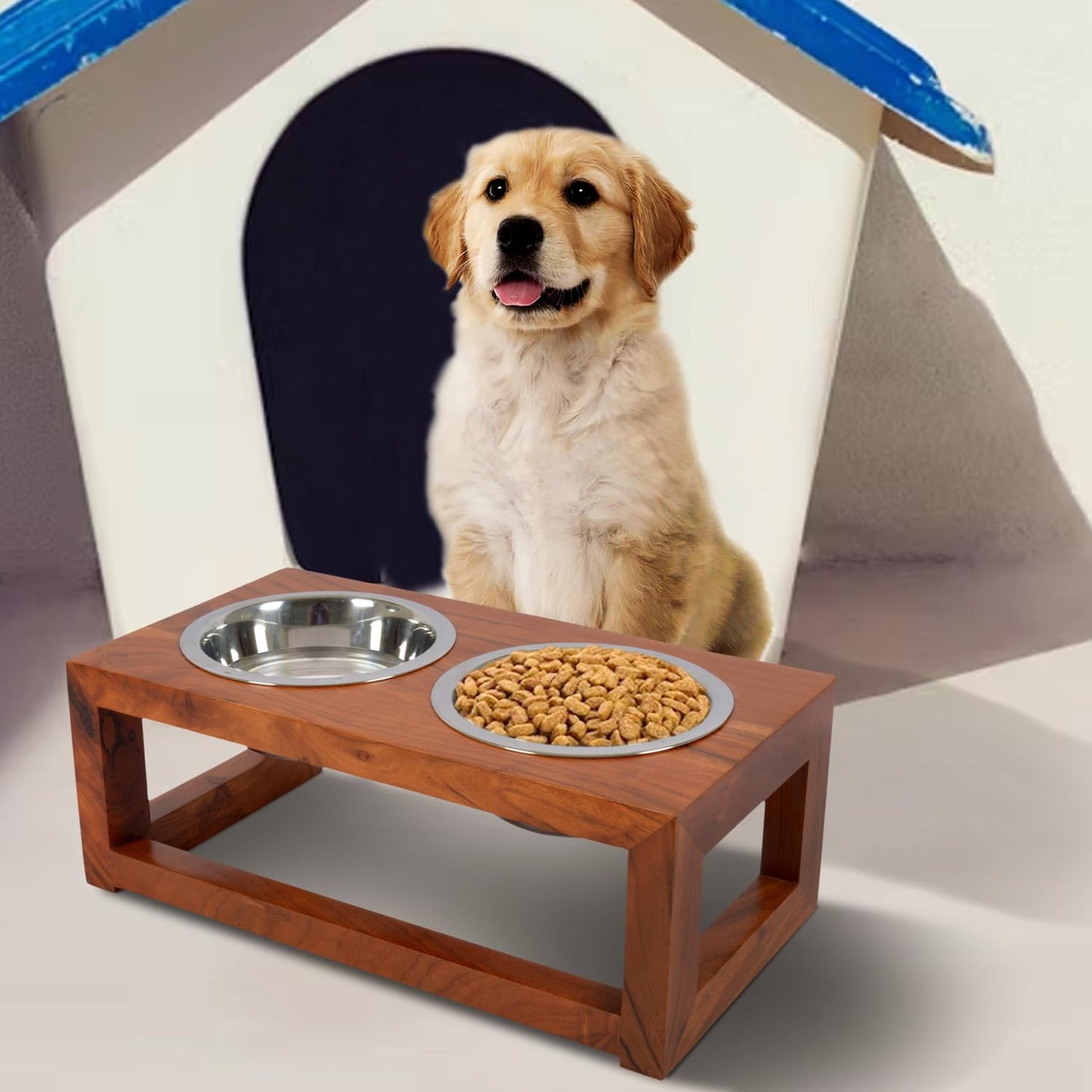 Luna Pet Feeder, Natural Acacia Wood Feeders Stand, Elevated Dog Bowls 750 ml, Food Water Diner, Durable Double Bowl Feeding Stands for Dogs - Medium (38 x 21 x 15 cm)