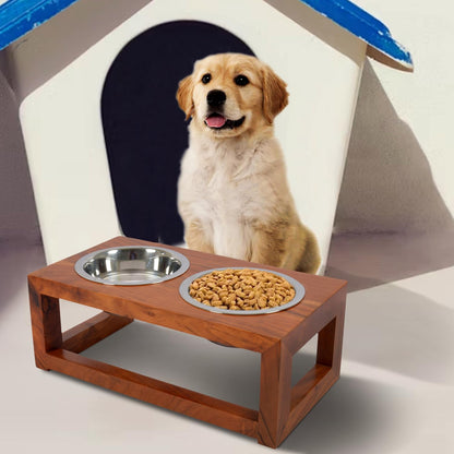Luna Pet Feeder, Natural Acacia Wood Feeders Stand, Elevated Dog Bowls 750 ml, Food Water Diner, Durable Double Bowl Feeding Stands for Dogs - Medium (38 x 21 x 15 cm)