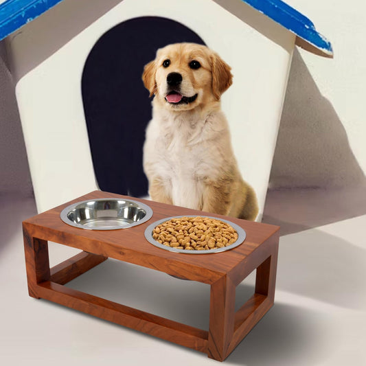Luna Pet Feeder, Natural Acacia Wood Feeders Stand, Elevated Dog Bowls 750 ml, Food Water Diner, Durable Double Bowl Feeding Stands for Dogs - Medium (38 x 21 x 15 cm)