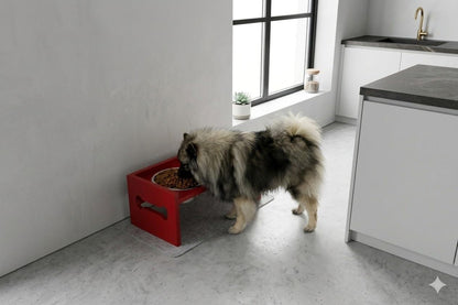 Elevated Wooden Dog Feeder with Stainless Steel Bowls | Raised Pet Food Stand for Dogs & Cats Feeding Station with Bone Cutout Design | Double Bowl Pet Feeding Table (Red)