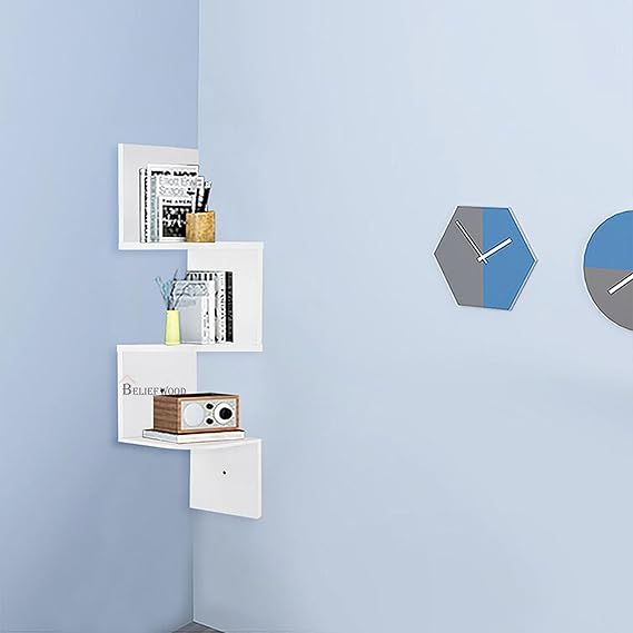 Modern Wall Corner Zig Zag Wall Shelf Corner Hanging Shelf for Living Room Stylish Floating Home Wall Decor Storage Rack Shelve for Home & Offices (Small, White)