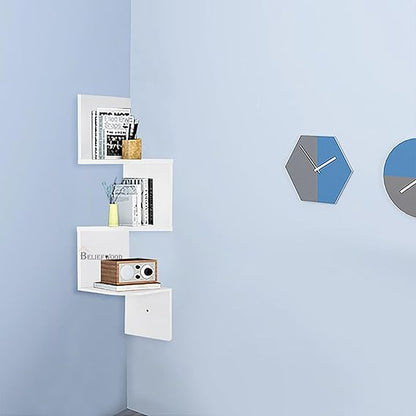 Modern Wall Corner Zig Zag Wall Shelf Corner Hanging Shelf for Living Room Stylish Floating Home Wall Decor Storage Rack Shelve for Home & Offices (Small, White)