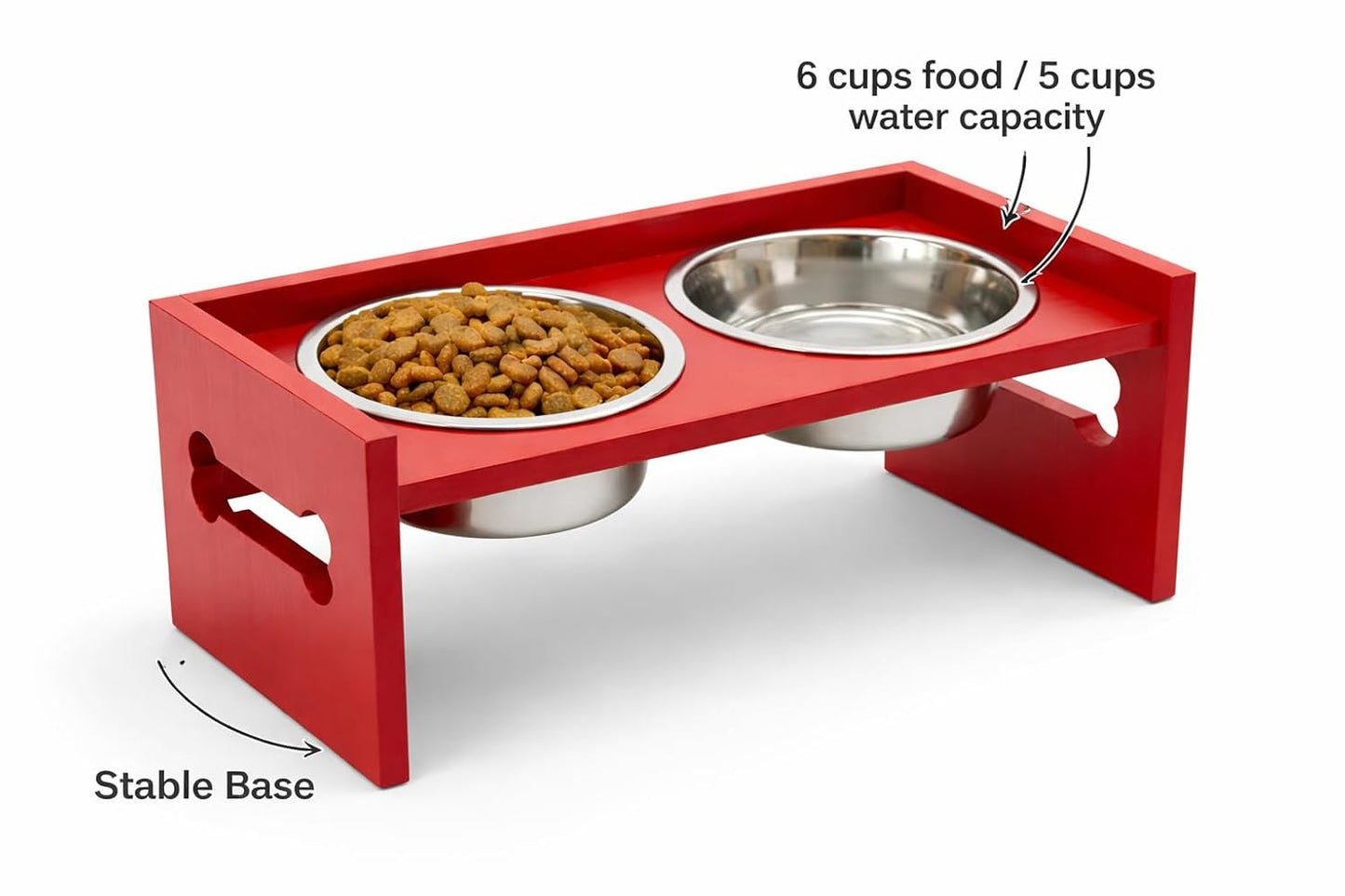Elevated Wooden Dog Feeder with Stainless Steel Bowls | Raised Pet Food Stand for Dogs & Cats Feeding Station with Bone Cutout Design | Double Bowl Pet Feeding Table (Red)