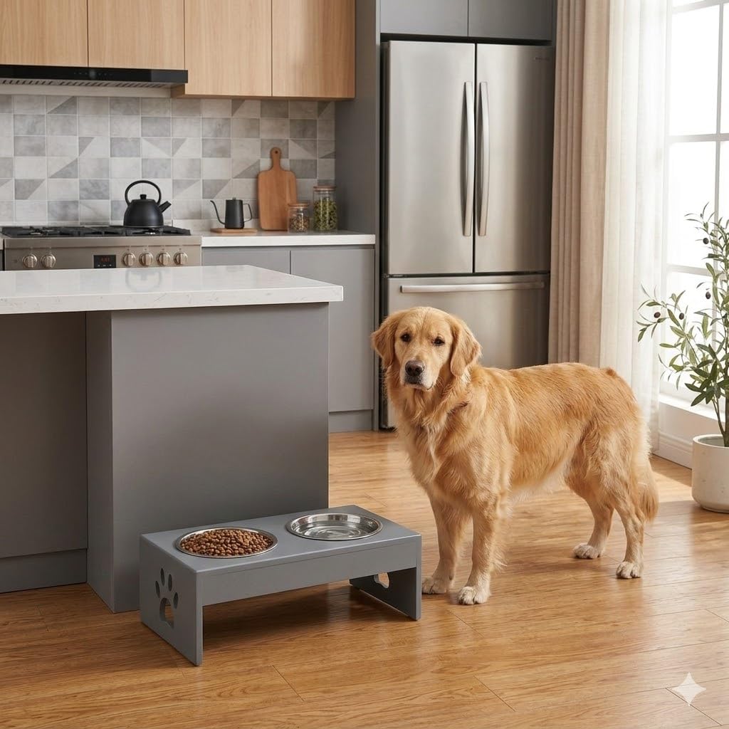 Pet Feeder Stainless Steel Food & Water Bowls with Stand | MDF Wood Elevated Dog Feeding Station with Double Bowl Design | Raised Feeding Stand for Medium & Large Dogs | 40 x 25 x 25 cm (Grey)
